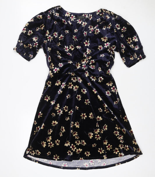 Topshop Women Blue Floral Velvet Fit & Flare Mini Dress UK 10