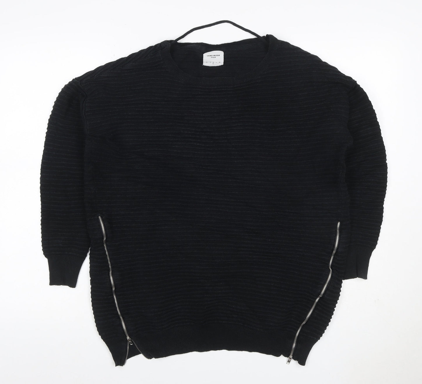 Vero Moda Women Black XL Ribbed Knit Zip Detail Crew Neck Jumper