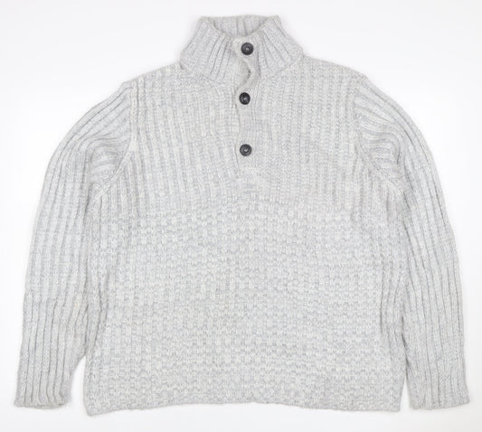 John Lewis Men Grey M Chunky Knit High Neck Button Henley Jumper
