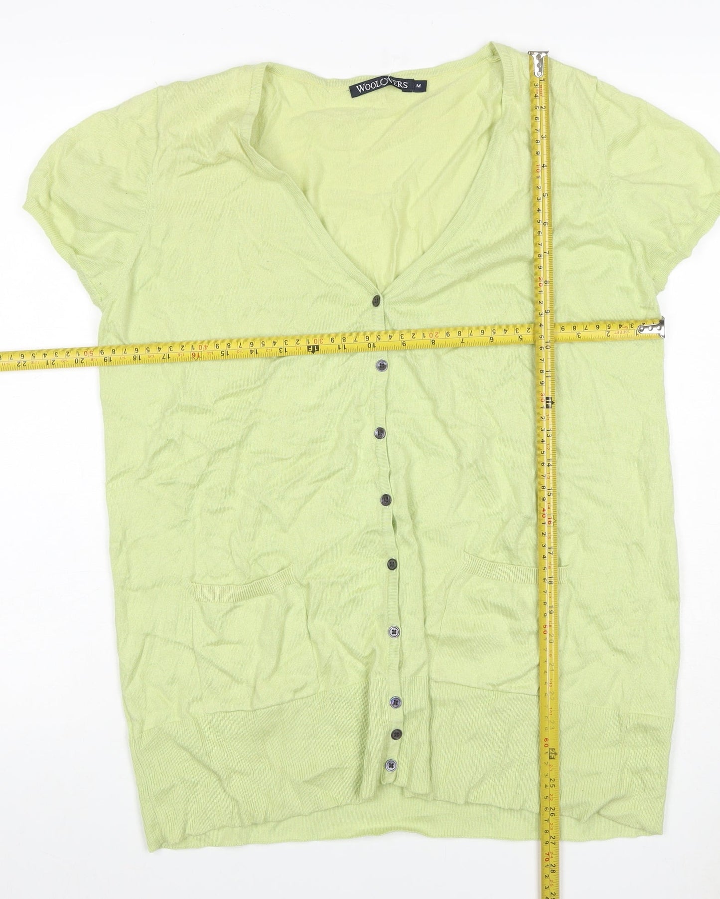 WoolOvers Women Green M Cotton V-Neck Short Sleeve Cardigan Pockets