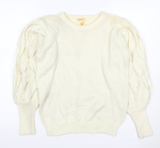 Clock House Women Ivory UK 10 Beaded Puff Sleeve Crew Neck Jumper