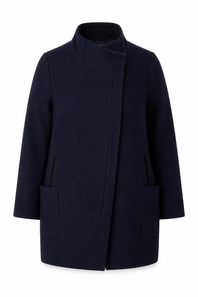 Front view of Dorothy Perkins Women’s Navy Blue Textured Overcoat UK 16 Lined