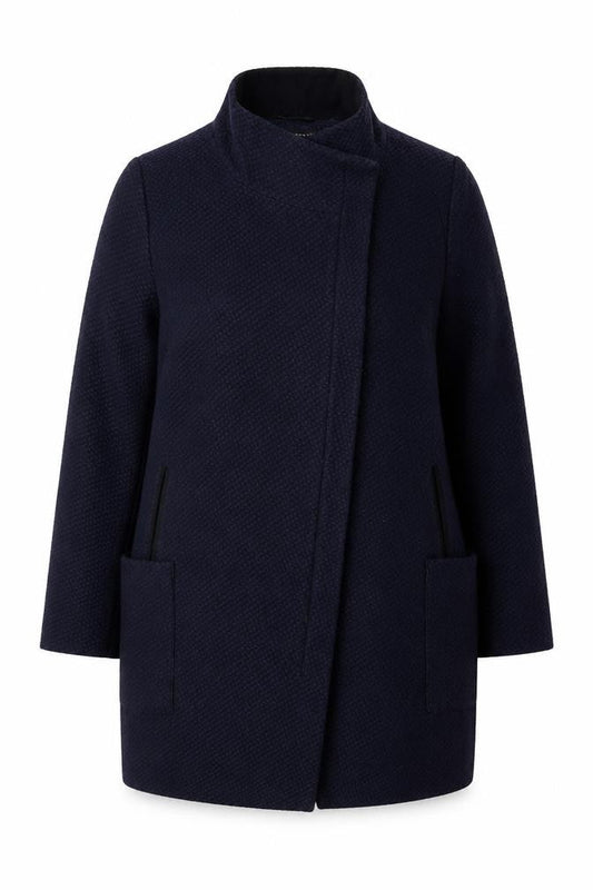 Front view of Dorothy Perkins Women’s Navy Blue Textured Overcoat UK 16 Lined