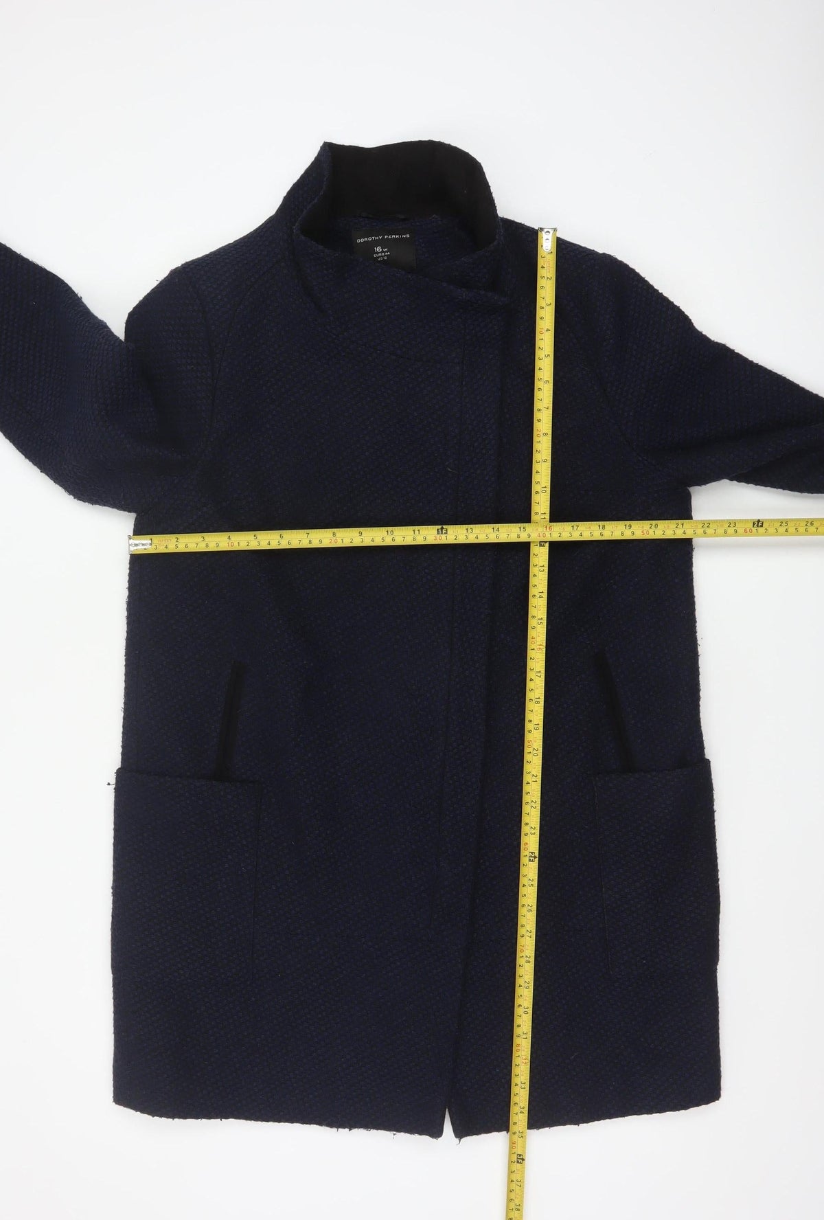 Back view of Dorothy Perkins Women’s Navy Blue Textured Overcoat UK 16 Lined