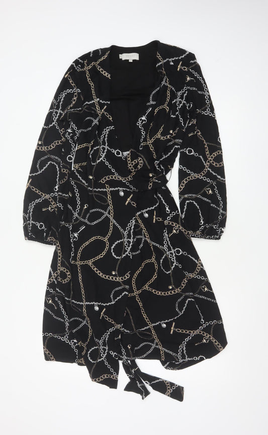 Hobbs Women Black Chain Print Wrap Midi Dress UK 12 Long Sleeve Belted