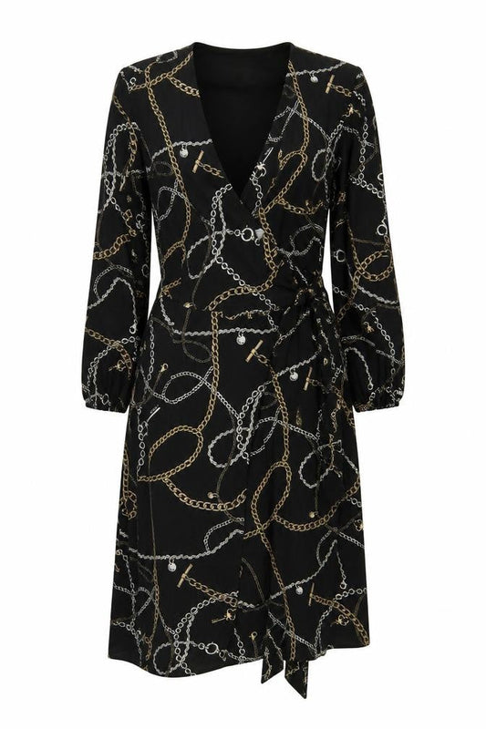 Hobbs Women Black Chain Print Wrap Midi Dress UK 12 Long Sleeve Belted