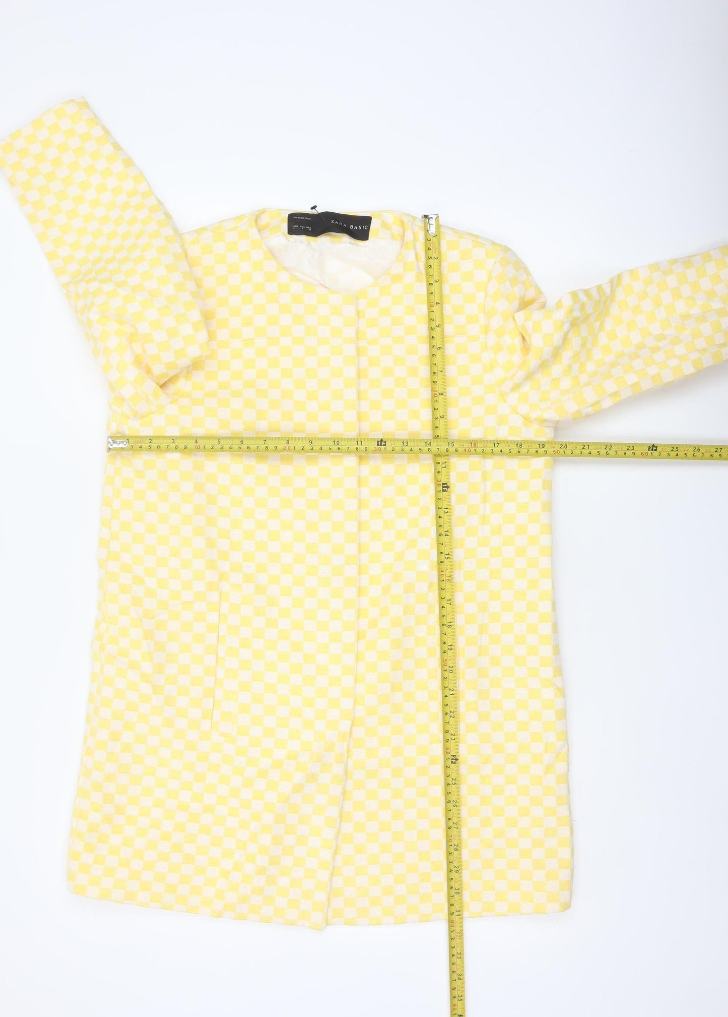 Zara Basic Women Yellow Check Collarless Mid-Length Jacket Size L