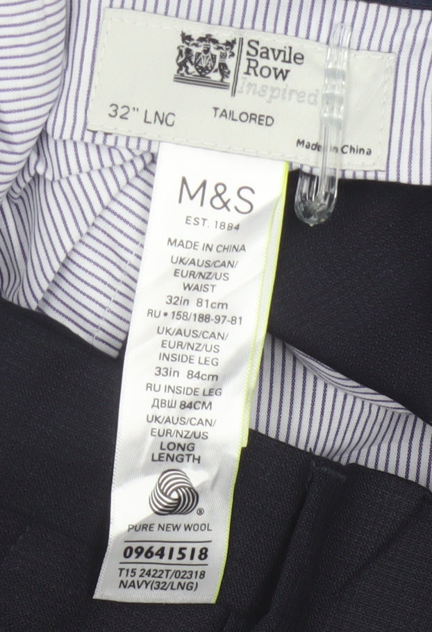 Marks & Spencer Savile Row Men’s Navy 32L Pure Wool Tailored Dress Trousers