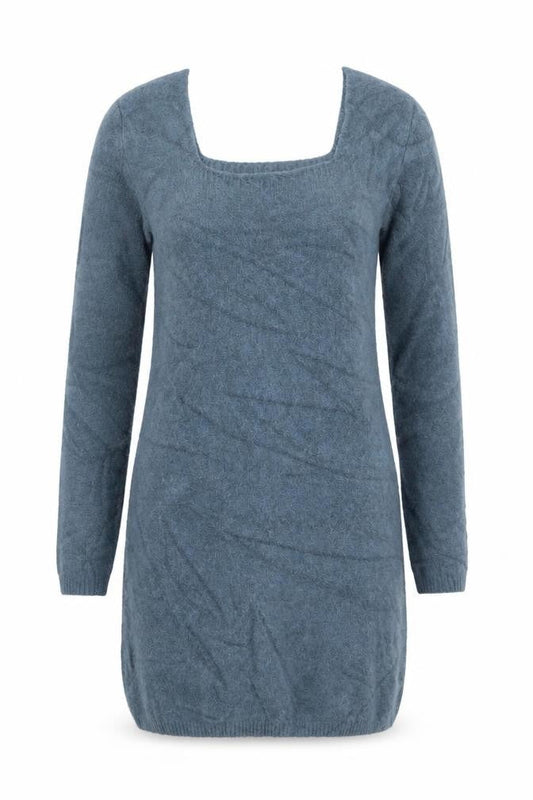 Zara Women Blue M Knit Bodycon Jumper Dress Square Neck Long Sleeve