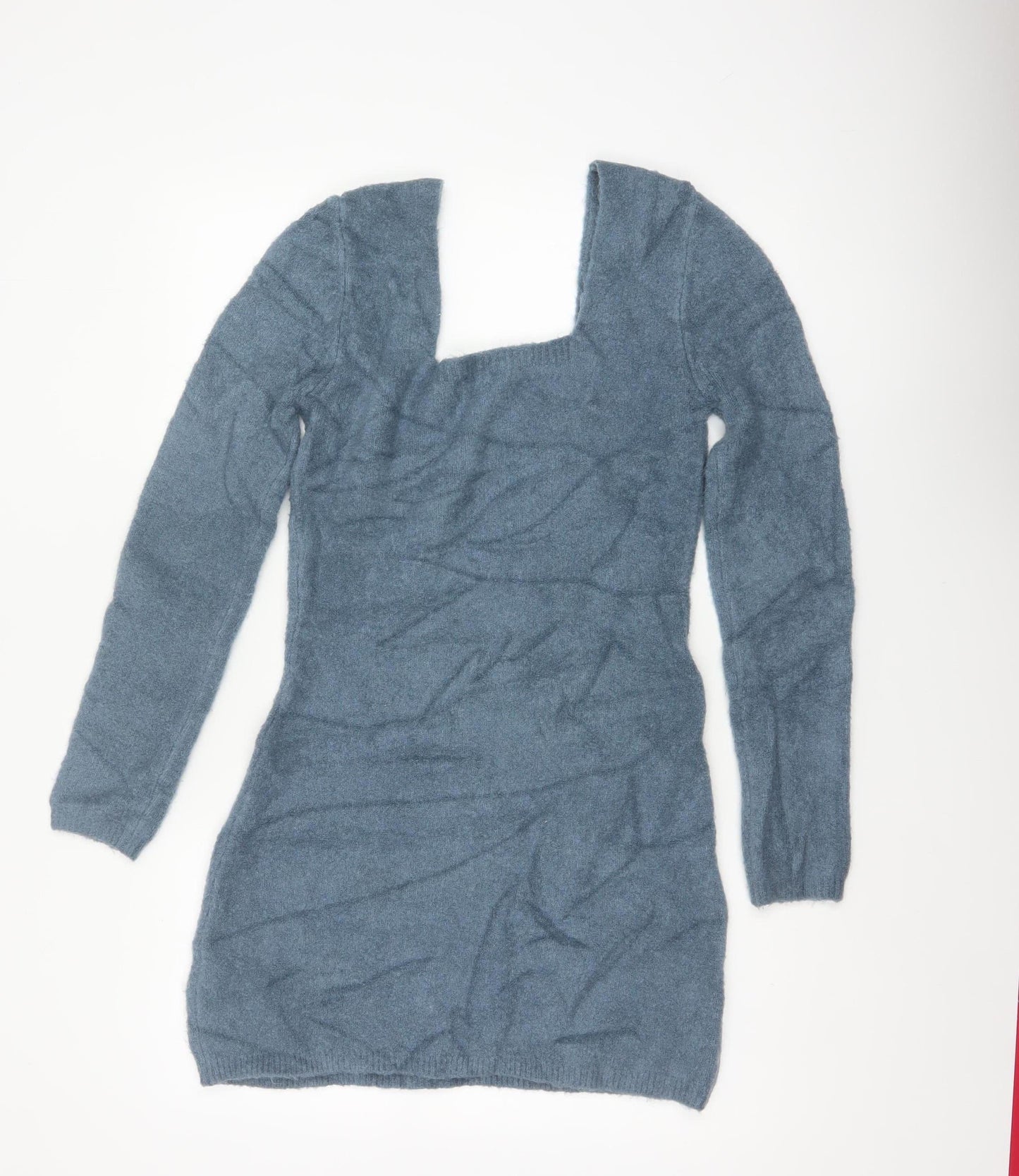 Zara Women Blue M Knit Bodycon Jumper Dress Square Neck Long Sleeve