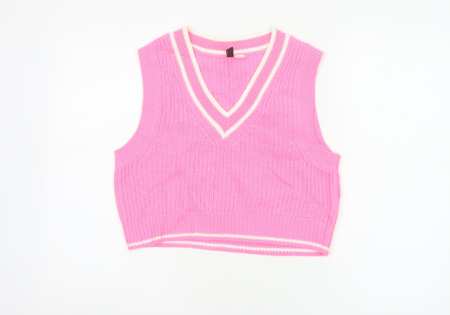 H&M Divided Women Pink Stripe V-Neck Knit Vest Jumper UK 10