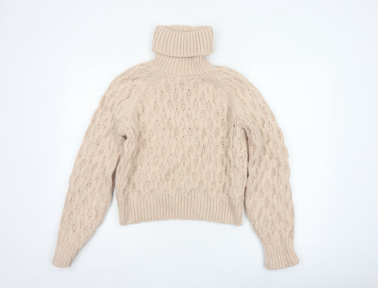 H&M Women Beige XS Cable-Knit Roll Neck Chunky Jumper