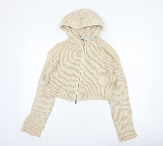 Zara Women Beige S Hooded Rib Knit Full Zip Cropped Cardigan