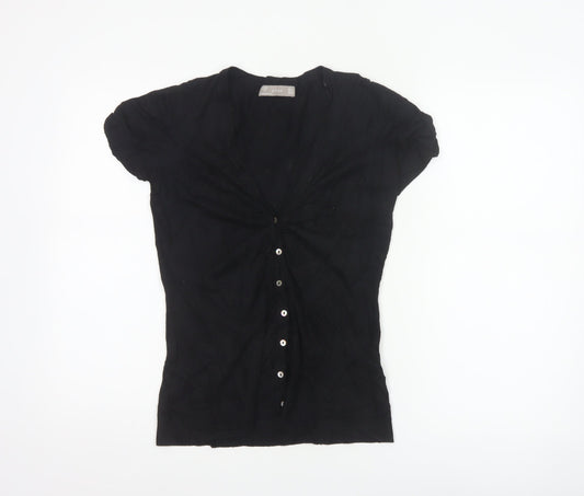 Zara Women Black UK 12 Short Sleeve V-Neck Button Cardigan