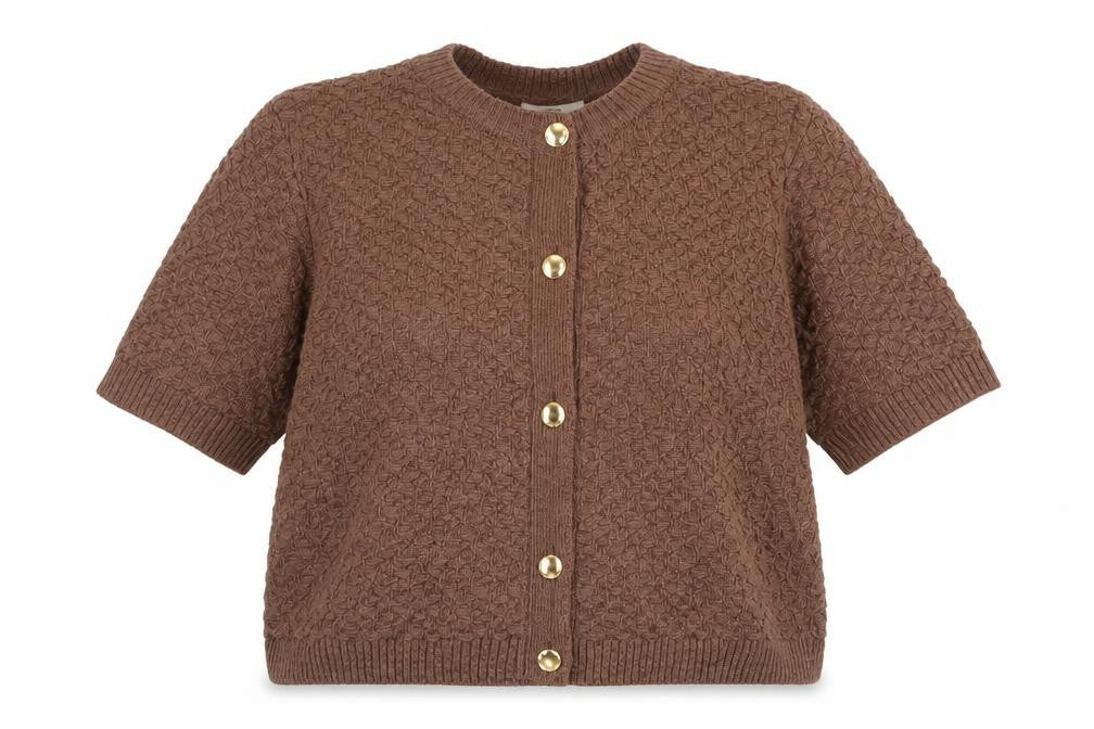 Marks & Spencer Women Brown XL Textured Knit Short Sleeve Cardigan