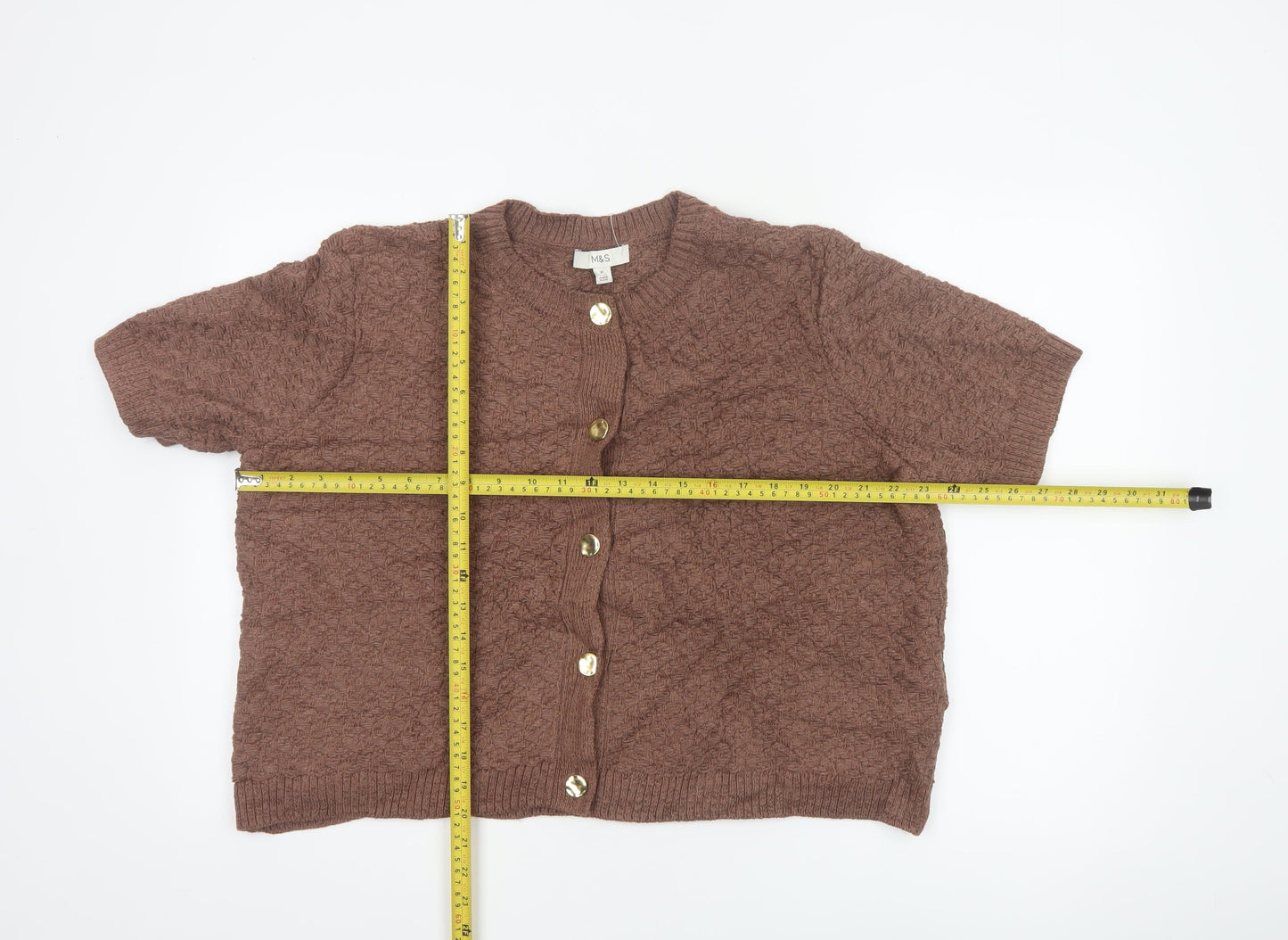 Marks and Spencer Women Brown XL Textured Knit Short Sleeve Cardigan