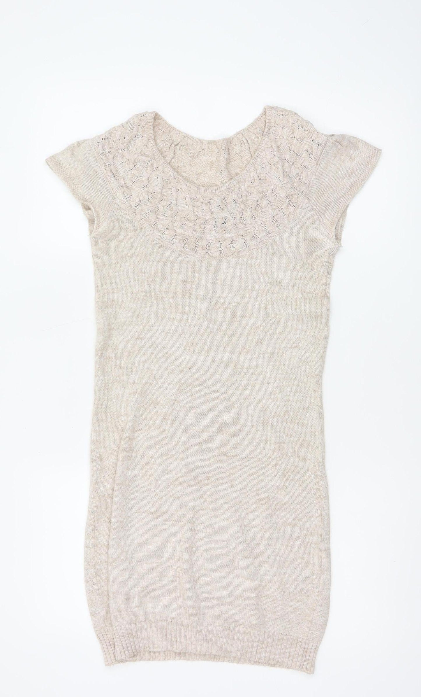 Topshop Women Beige UK 8 Tunic Jumper Short Sleeve Open-Knit