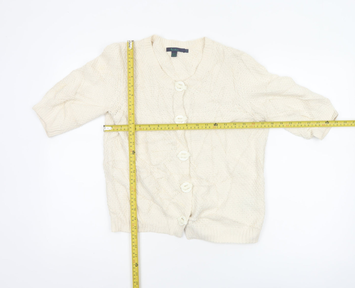 Boden Women Ivory Cotton V-Neck Button Cardigan Size 12 3/4 Sleeve