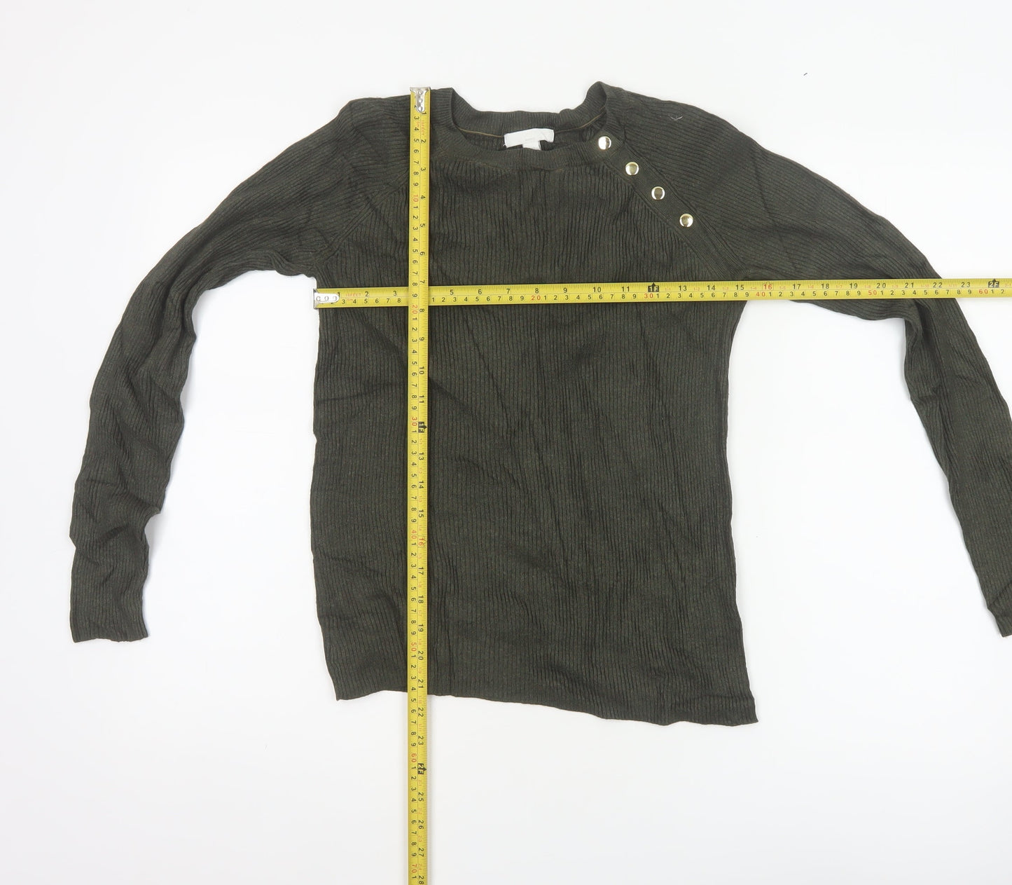 H&M Women Green Size S Rib Knit Mock Neck Button Jumper