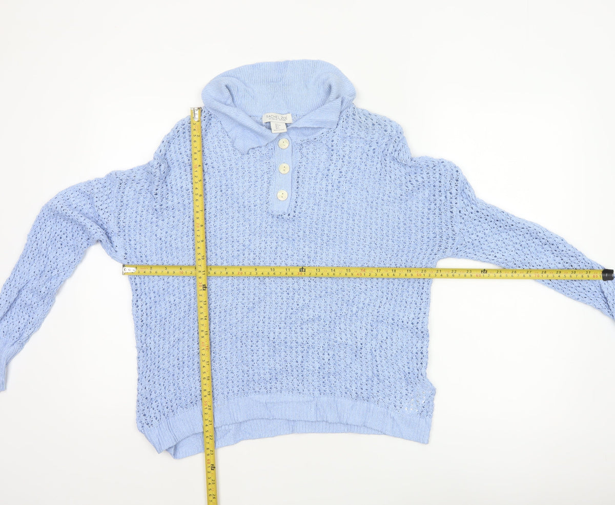 Rachel Zoe Women’s Blue L Open Knit Cowl Neck Henley Jumper