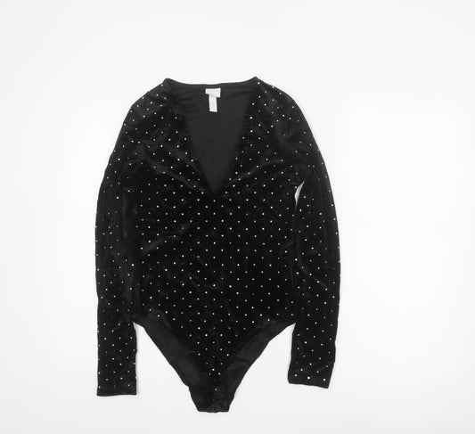 H&M Women Black S Velvet Rhinestone V-Neck Long Sleeve Bodysuit