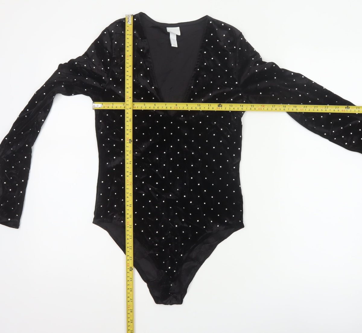 H&M Women Black S Velvet Rhinestone V-Neck Long Sleeve Bodysuit