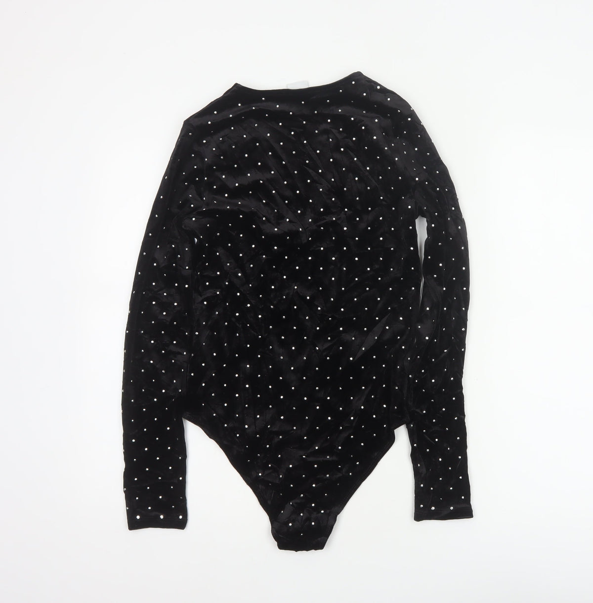 H&M Women Black S Velvet Rhinestone V-Neck Long Sleeve Bodysuit