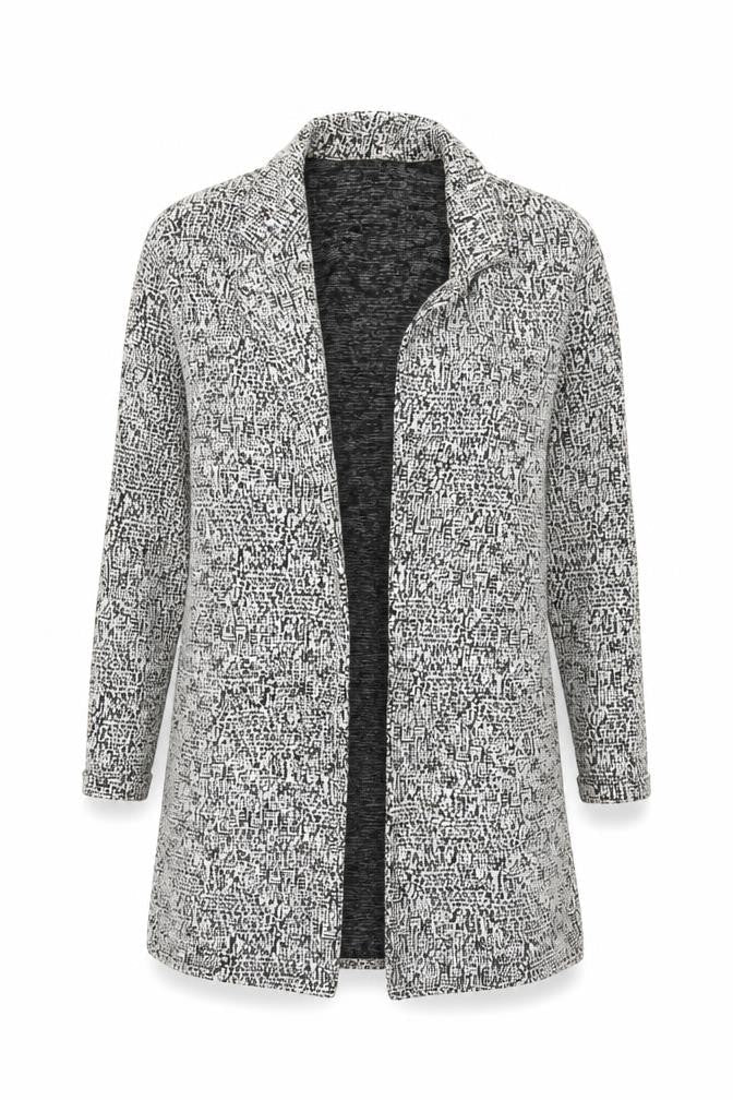 Front view of Miss Selfridge Women Black White UK 6 Long Open Knit Jacket Geometric