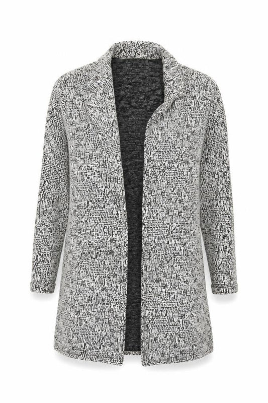 Front view of Miss Selfridge Women Black White UK 6 Long Open Knit Jacket Geometric