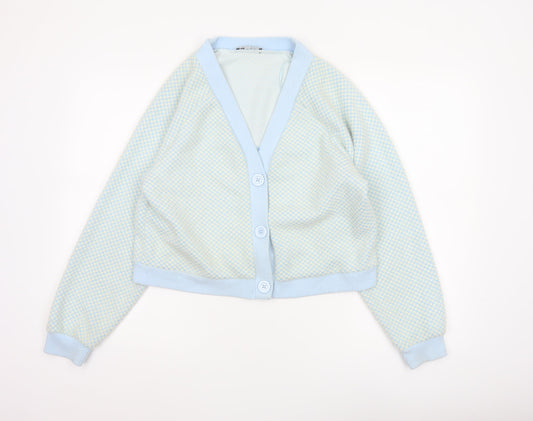 Zara Women Blue Ivory Check Knit V-Neck Button Cardigan Size M