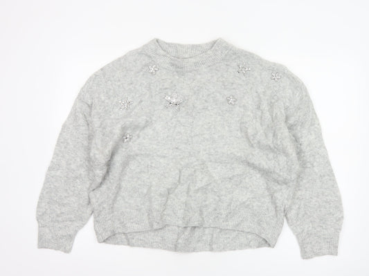 H&M Women Grey UK 8 Star Embellished Crew Neck Knit Jumper