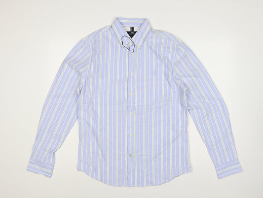 Marks & Spencer Men Blue S Striped Button-Down Cotton Shirt
