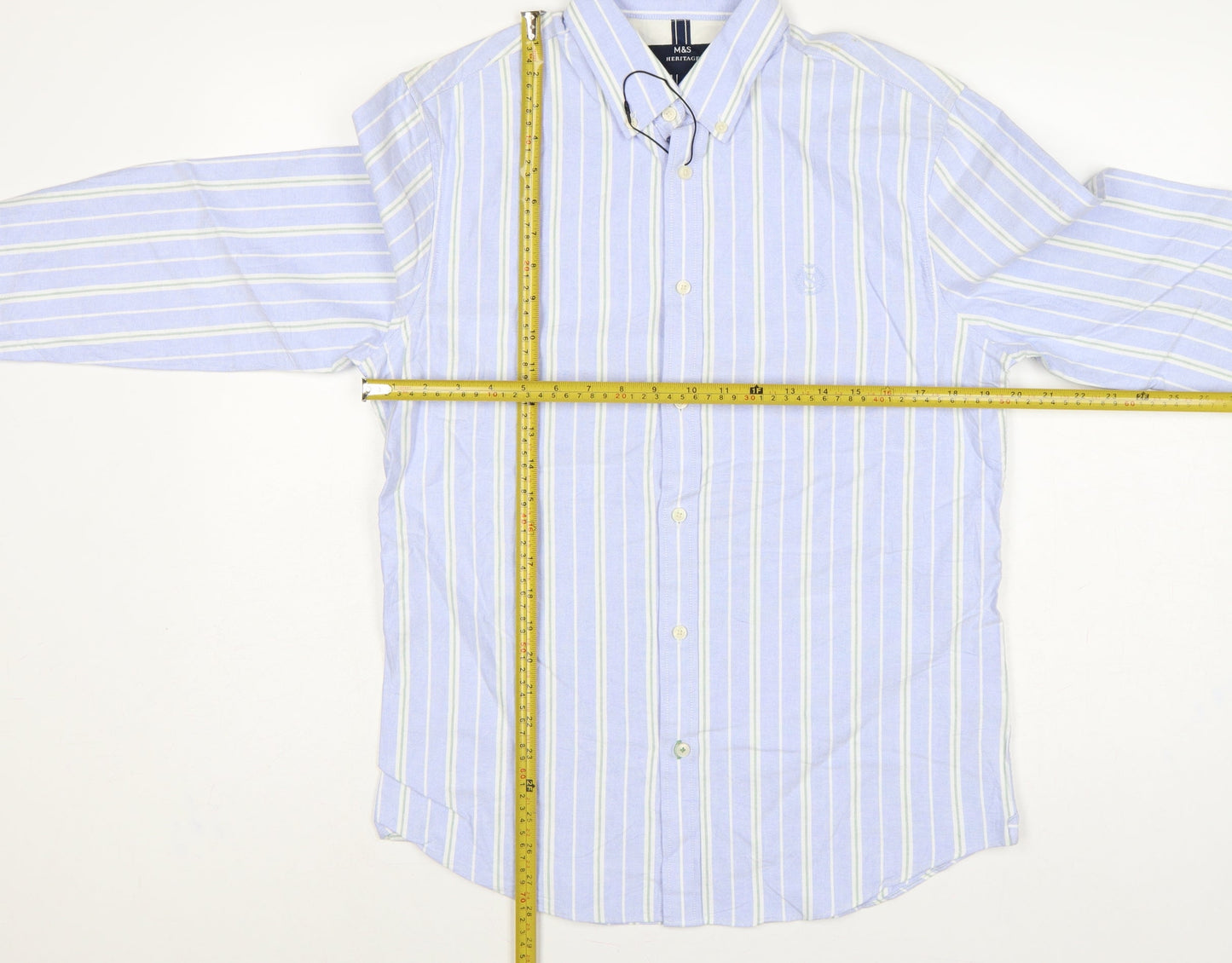 Marks & Spencer Men Blue S Striped Button-Down Cotton Shirt