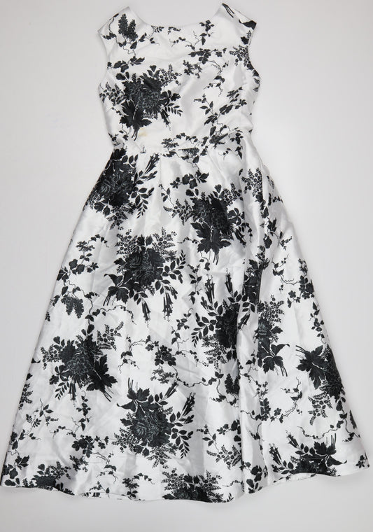 Coast Women White Black Floral UK 10 Fit & Flare Midi Twill Dress