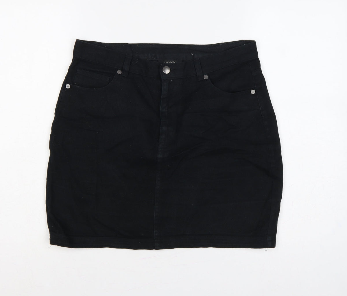 Monki Women Black UK 12 High Rise Denim Mini Pencil Skirt Pockets