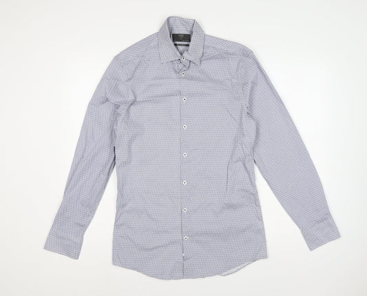 M&S Men Blue Owl Print Slim Fit 14.5in Stretch Long Sleeve Shirt