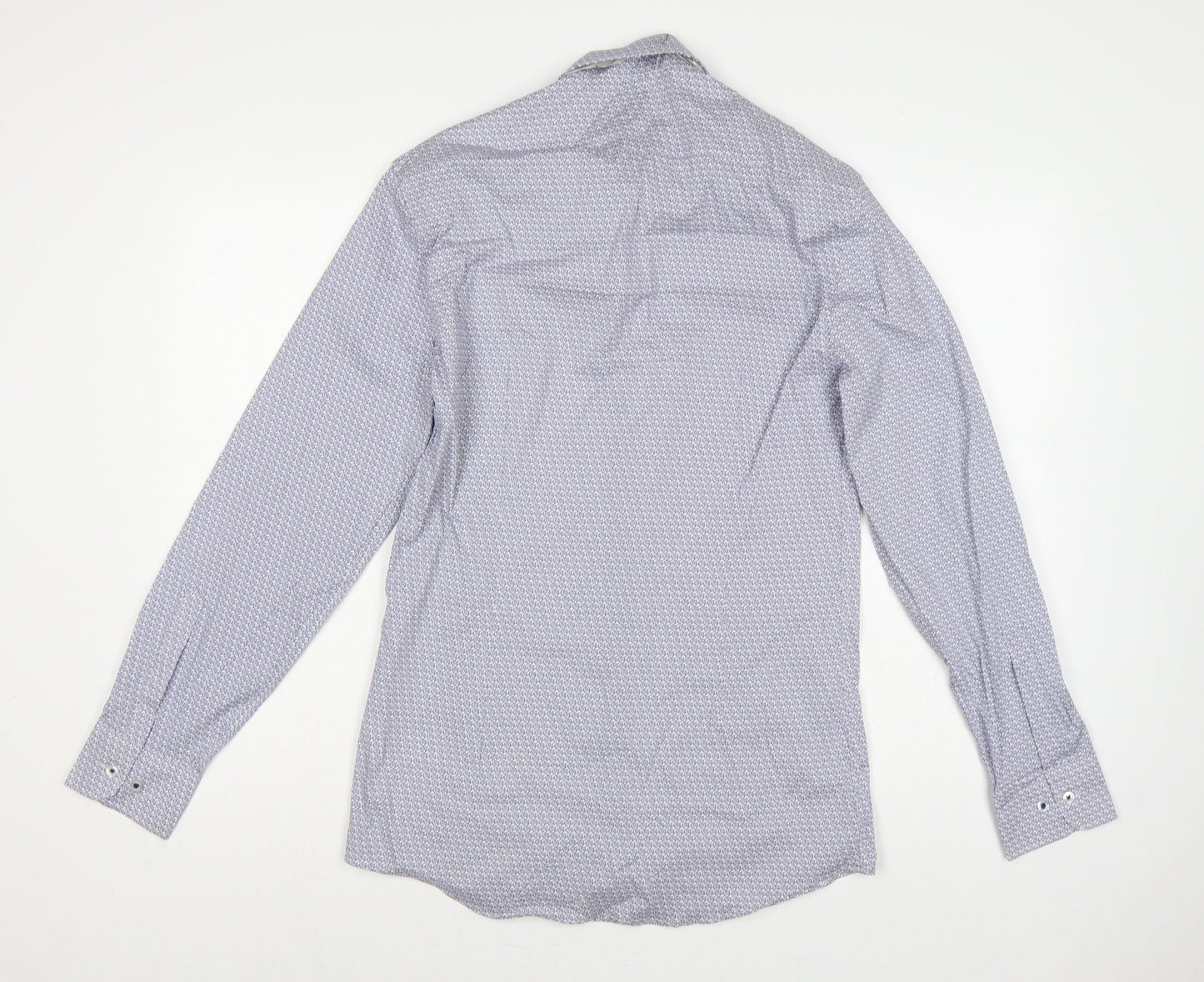 M&S Men Blue Owl Print Slim Fit 14.5in Stretch Long Sleeve Shirt