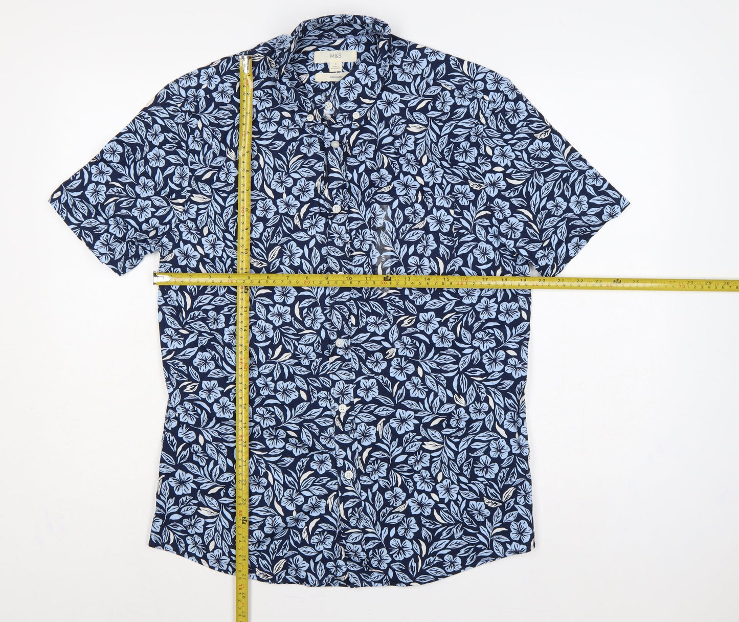 Marks & Spencer Men Blue Floral Hawaiian Cotton Shirt S Regular
