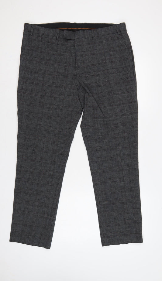 Marks & Spencer Men's Grey Check Slim 36 Short Wool Blend Dress Trousers