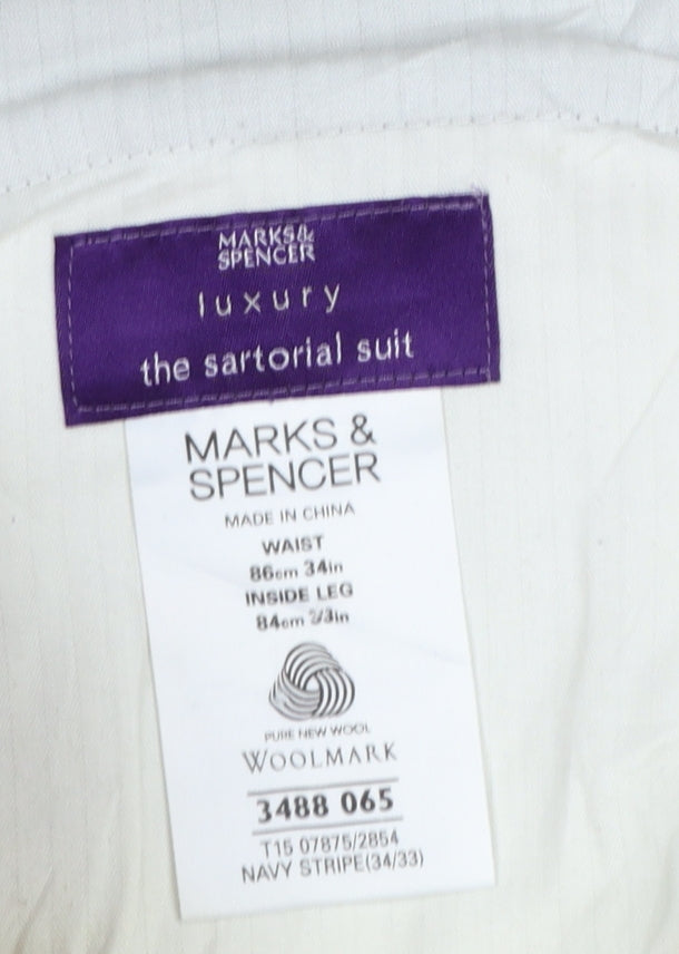 Marks & Spencer Men Blue Pinstripe Wool Dress Trousers 34 33