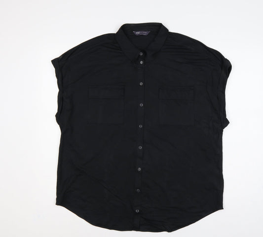 Marks and Spencer Women Black UK 18 Collared Cap Sleeve Button-Up Blouse