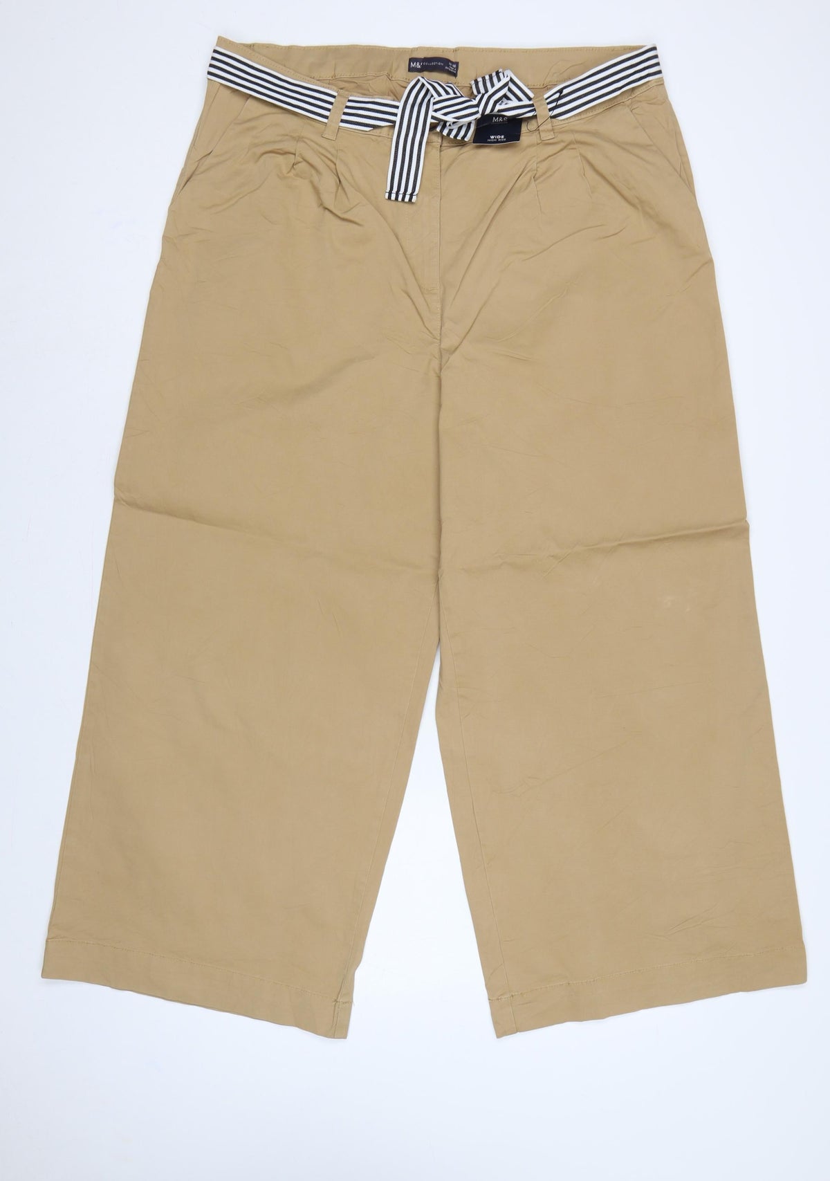 Marks & Spencer Women’s Beige UK 20 High Rise Wide Leg Belted Trousers