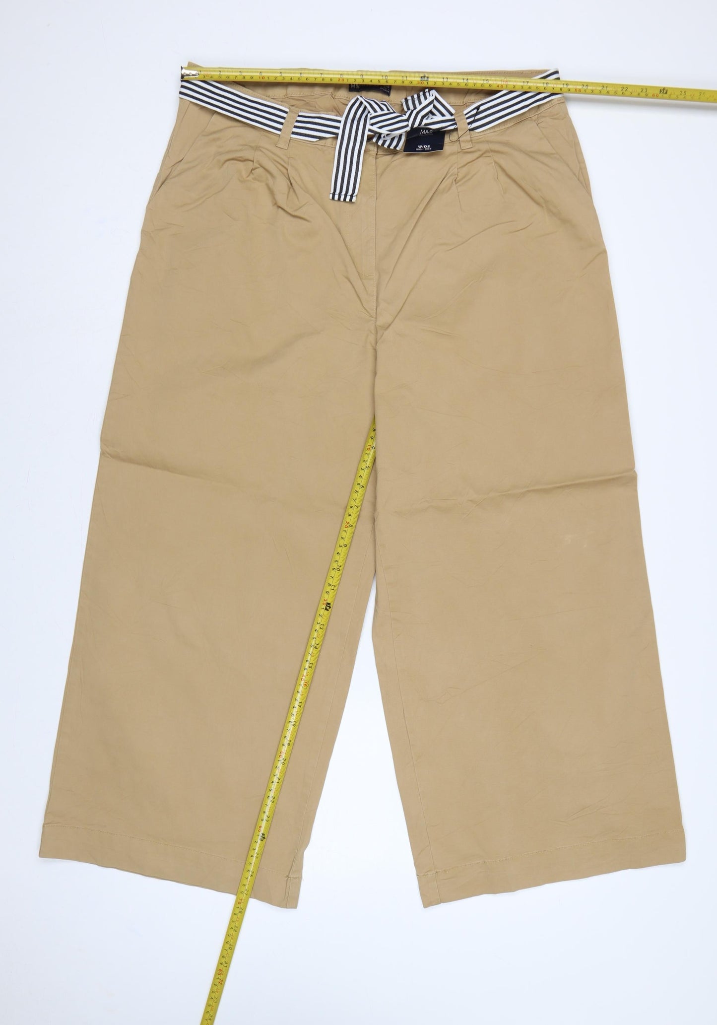 Marks & Spencer Women’s Beige UK 20 High Rise Wide Leg Belted Trousers