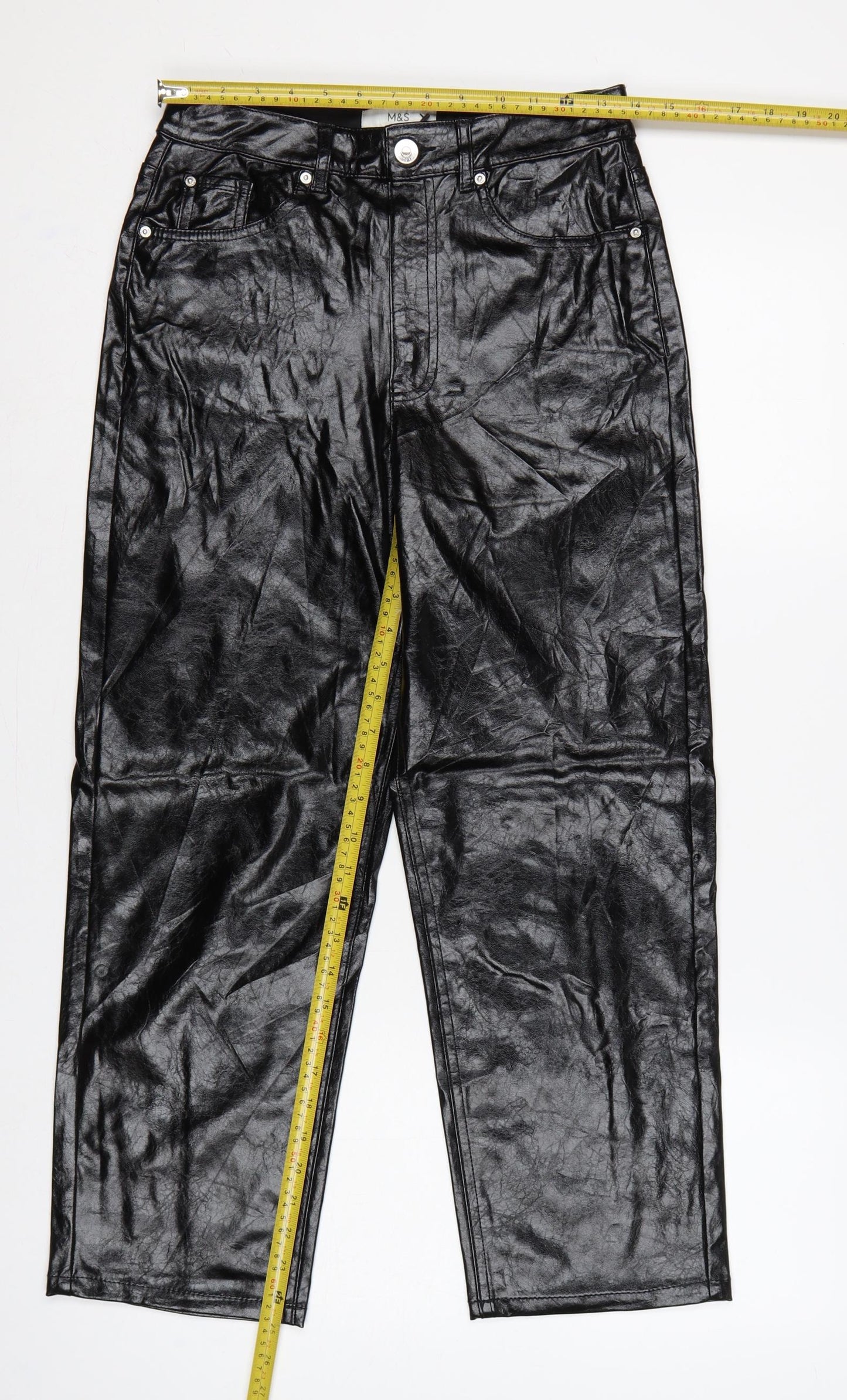 Marks & Spencer Women Black UK 8 Short Faux Leather Straight Trousers