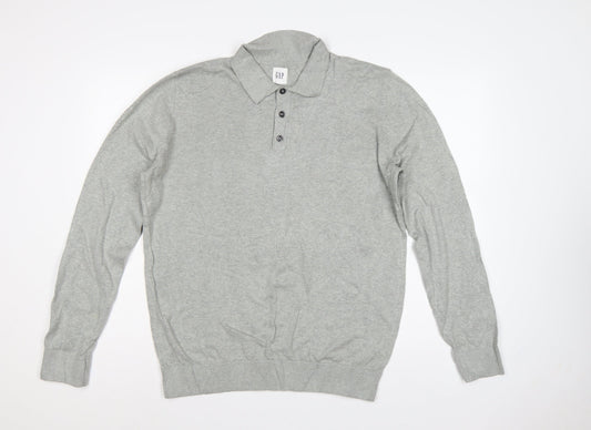Gap Men's Grey M Cotton Collared Henley Knit Jumper Long Sleeve