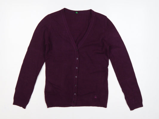 Benetton Women’s Purple XS 100% Wool V-Neck Button Cardigan