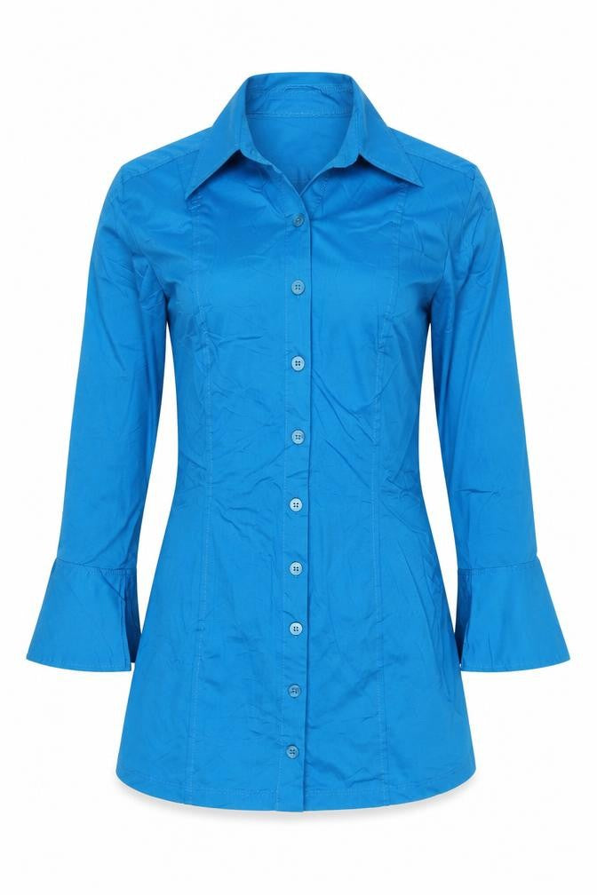 Zara Women Blue M Shirt Dress Collared Button Front Flared Sleeve