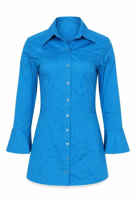 Zara Women Blue M Shirt Dress Collared Button Front Flared Sleeve