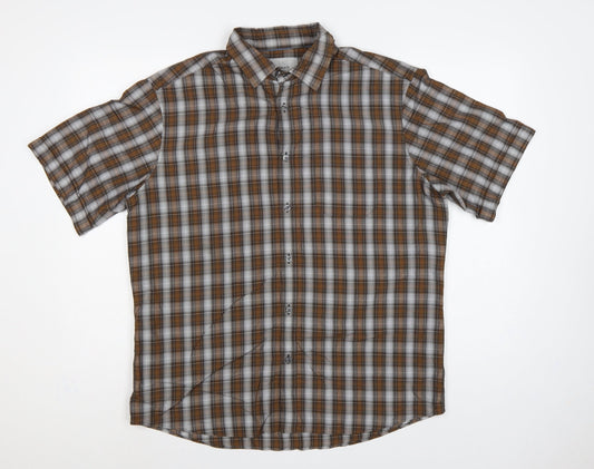 M&S Mens Brown Plaid Short Sleeve Button-Down Shirt L Regular Fit