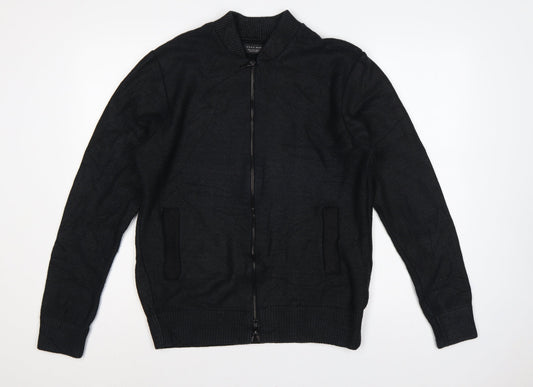 Zara Man Men's Black L Full Zip Mock Neck Cotton Blend Knit Jumper